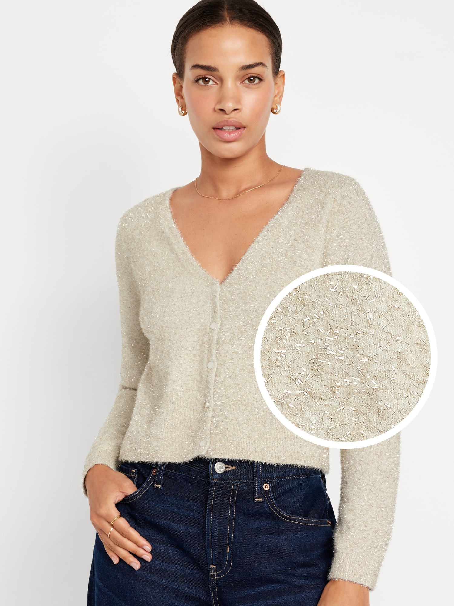 Textured Shine Cropped Cardigan Sweater