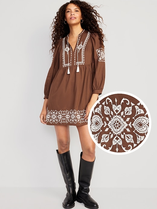 Long-Sleeve Embroidered Mini Swing Dress