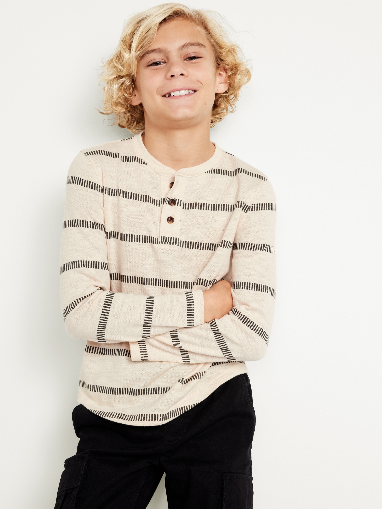 Cozy-Knit Long-Sleeve Striped Henley T-Shirt for Boys