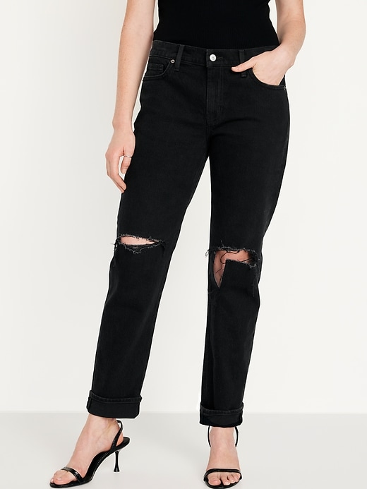 Image number 1 showing, Mid-Rise Ripped Boyfriend Jeans
