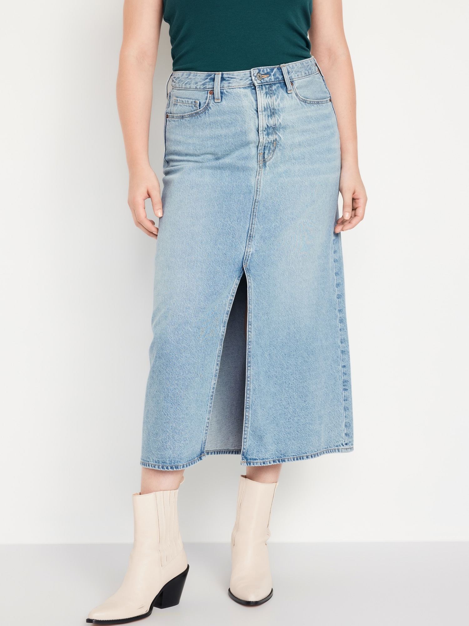 Mid Blue Wash Extreme Thigh High Slit Denim Midi Skirt