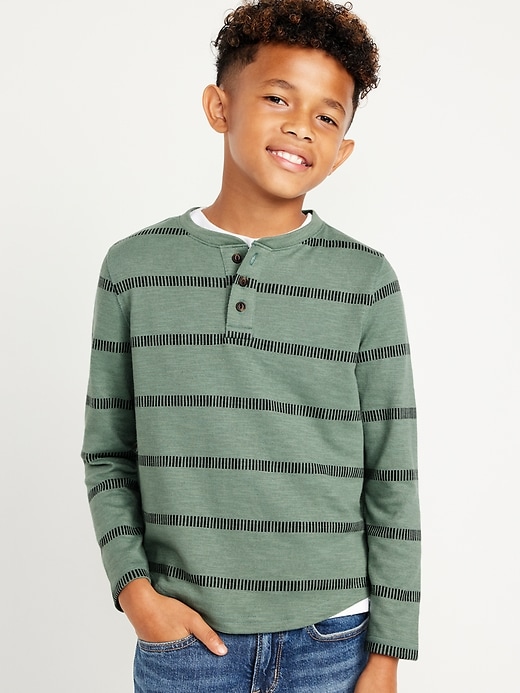 View large product image 1 of 3. Cozy-Knit Long-Sleeve Striped Henley T-Shirt for Boys