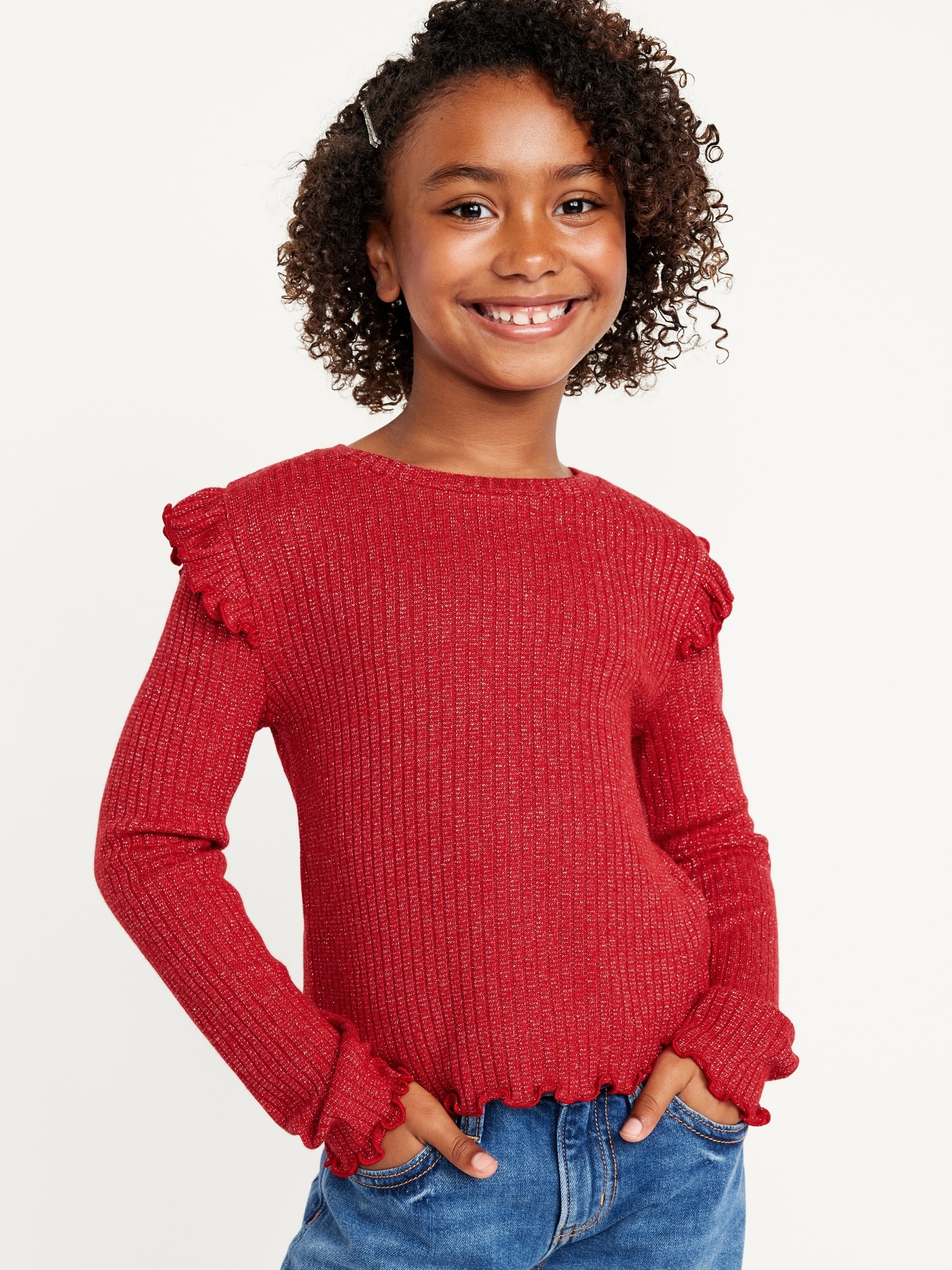 Cozy-Knit Metallic Long-Sleeve Lettuce-Edge Top for Girls - Red