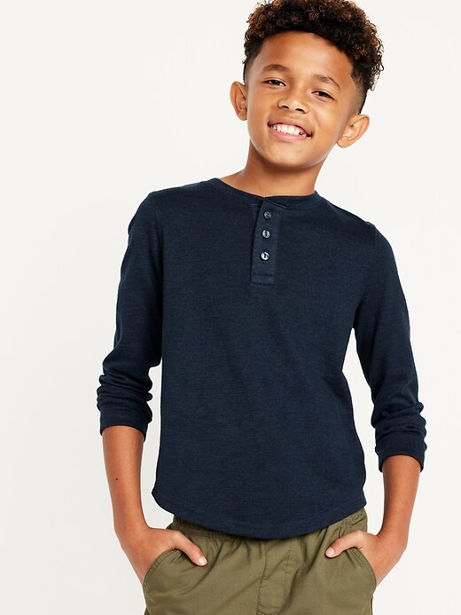 View large product image 1 of 3. Cozy-Knit Long-Sleeve Striped Henley T-Shirt for Boys
