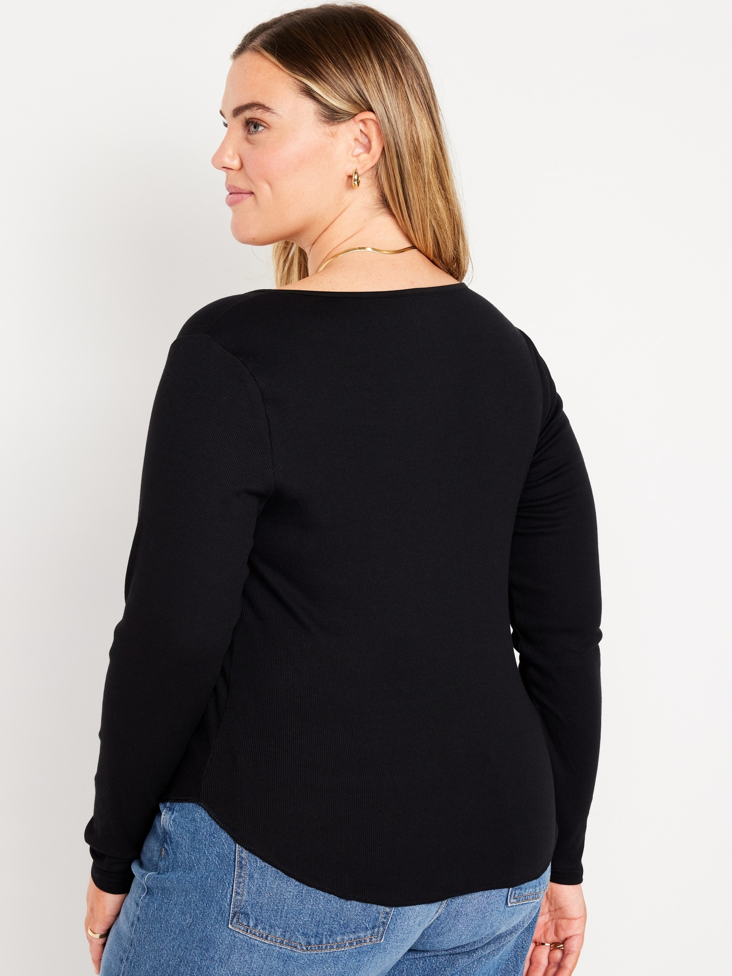 T-Shirt for Long-Sleeve Fitted Old Women Navy Rib-Knit |