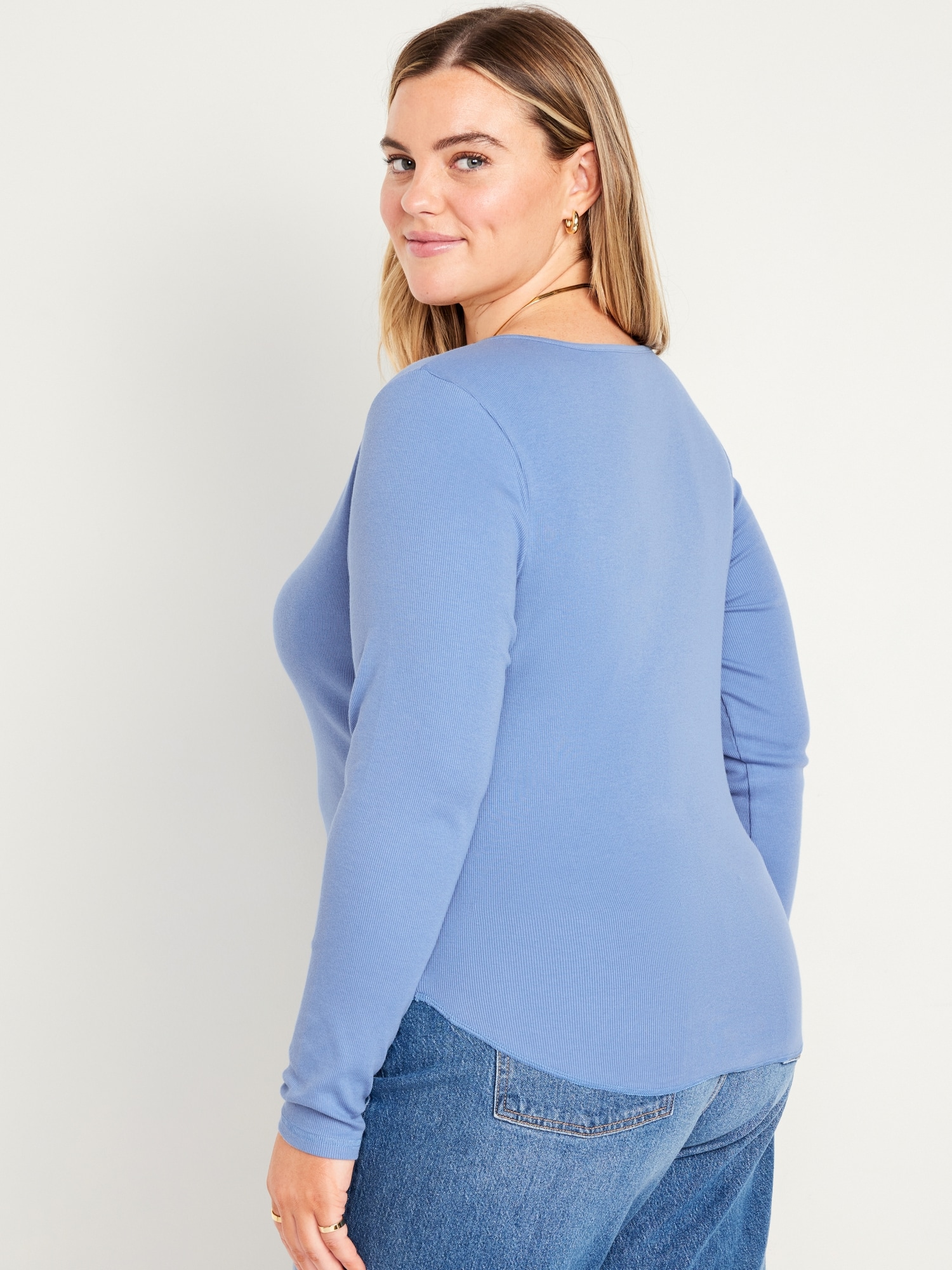 Navy | Women Fitted for Old Rib-Knit Long-Sleeve T-Shirt