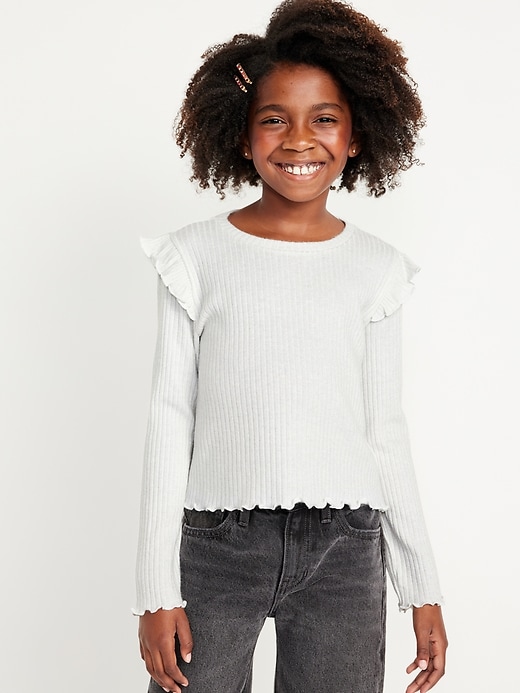 View large product image 1 of 3. Cozy-Knit Metallic Long-Sleeve Lettuce-Edge Top for Girls