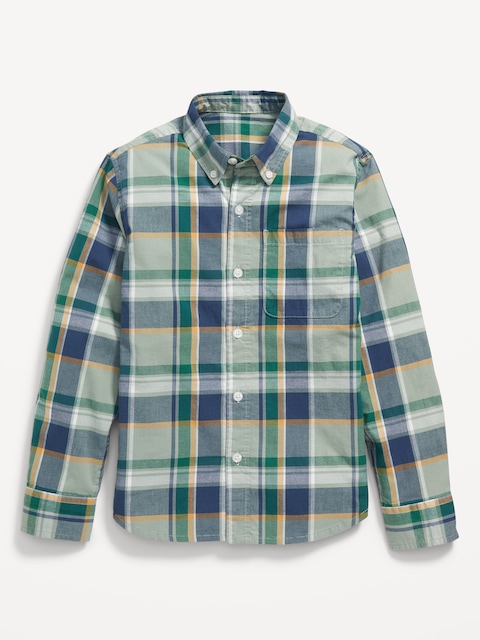 Patterned Poplin Built-In Flex Shirt for Boys - Medium Green Plaid