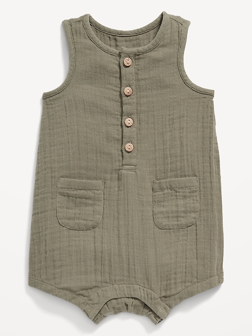 View large product image 1 of 1. Printed Sleeveless Henley Romper for Baby