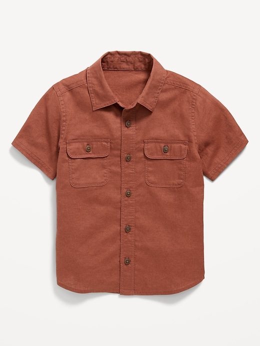 View large product image 1 of 1. Short-Sleeve Linen-Blend Utility Pocket Shirt for Toddler Boys