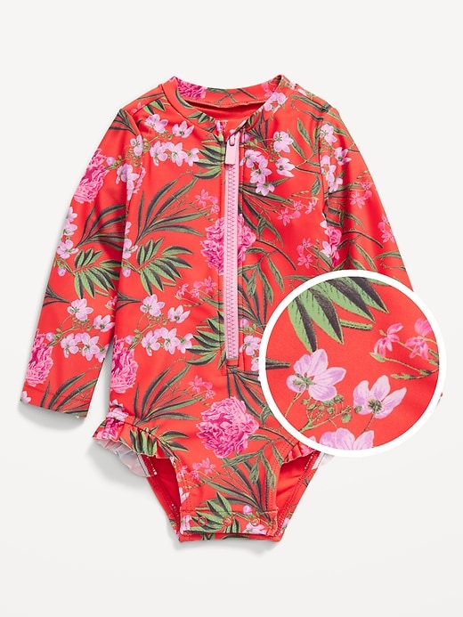 View large product image 1 of 1. Printed Ruffle-Trim Rashguard One-Piece Swimsuit for Baby