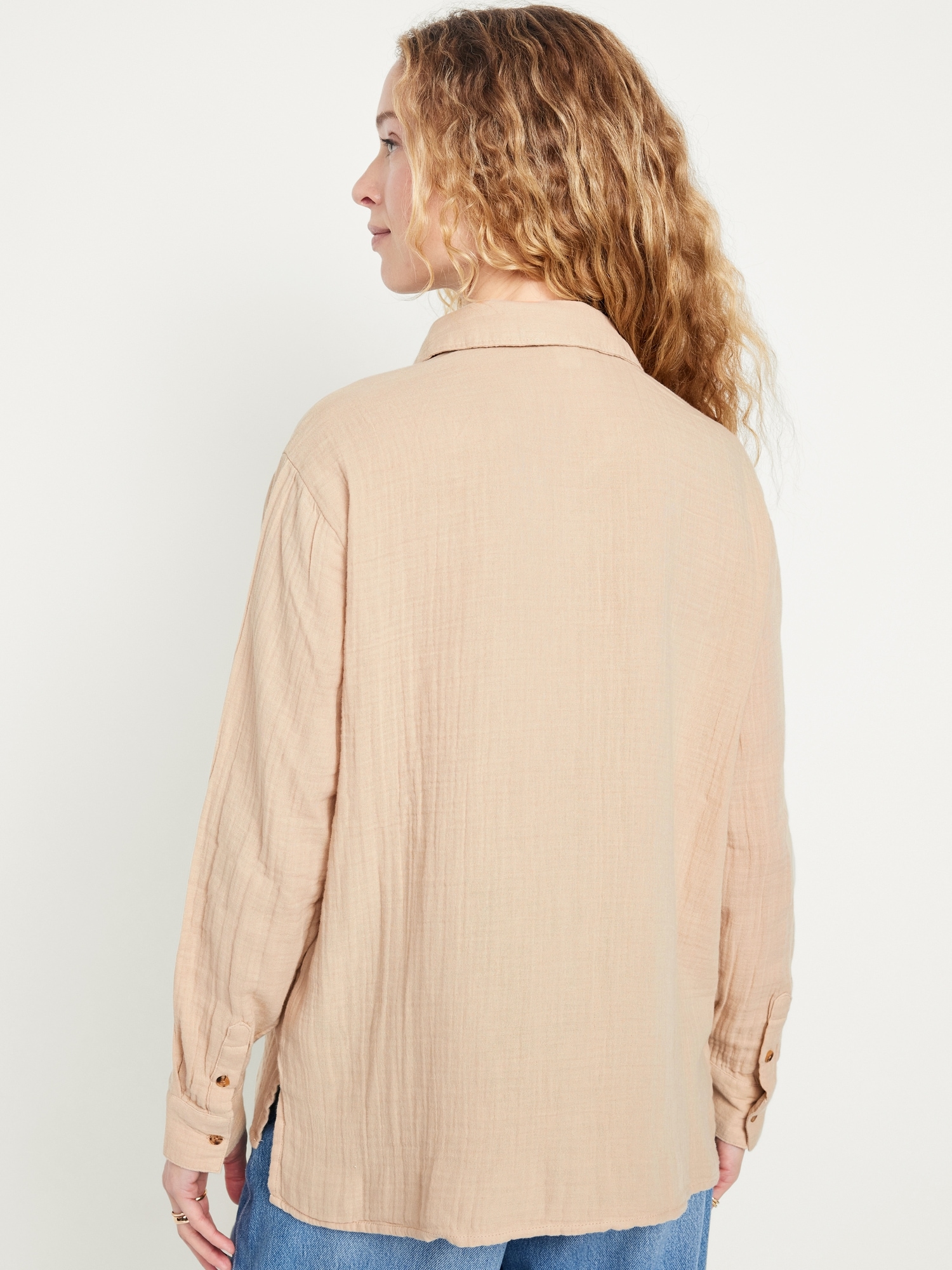 Beige Crinkle Long Sleeve Button Up Shirt