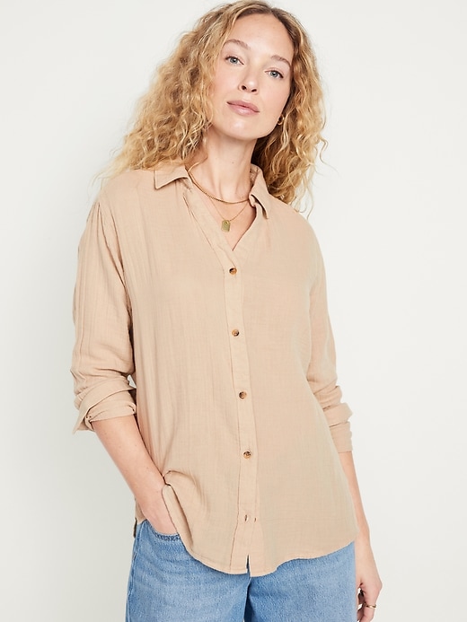 Image number 1 showing, Crinkle Gauze Button-Down Boyfriend Shirt