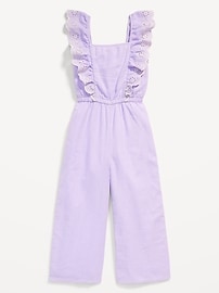 View large product image 3 of 3. Sleeveless Linen-Blend Ruffle-Trim Jumpsuit for Girls