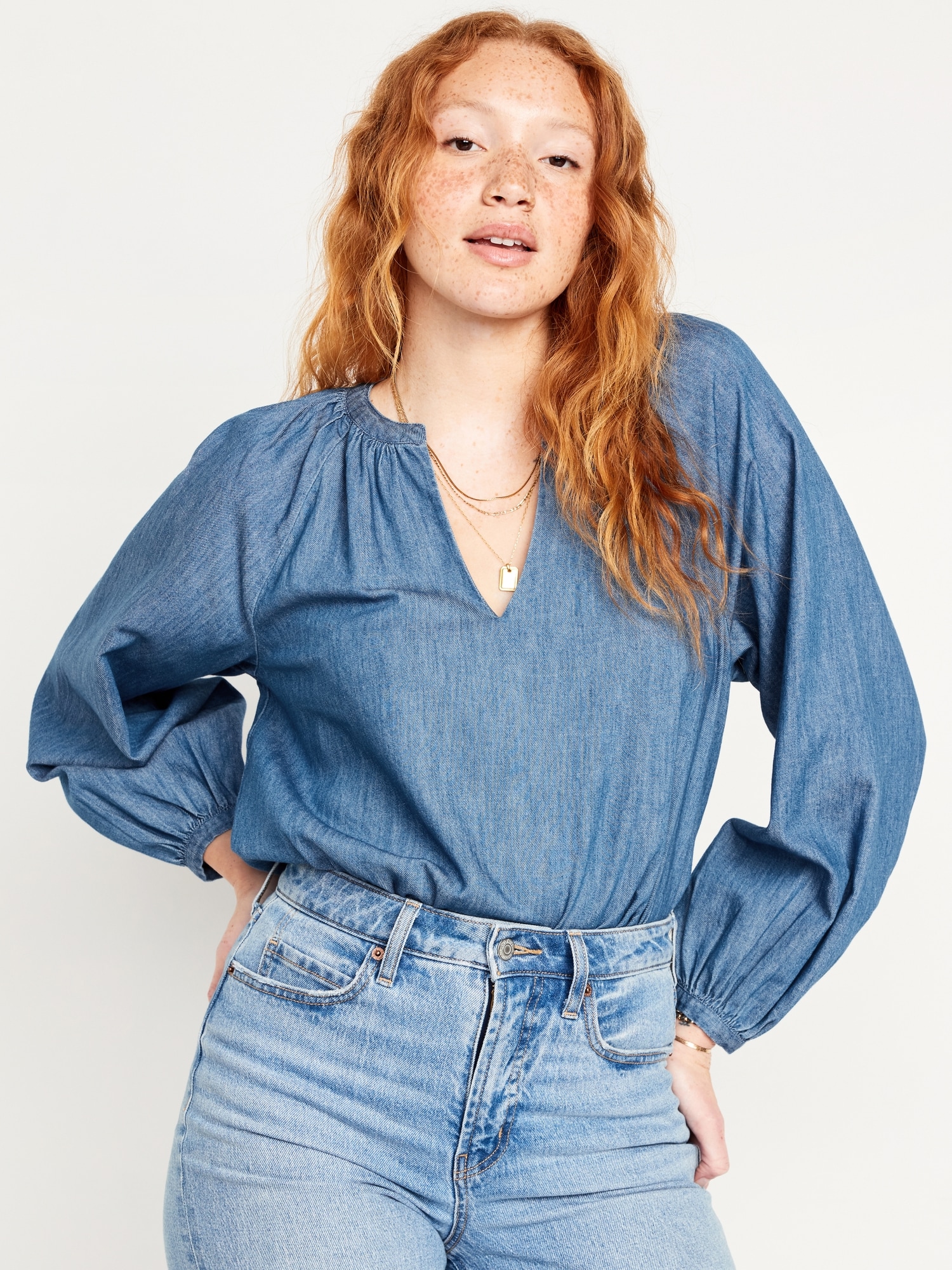 Long-Sleeve Chambray Top Hot Deal