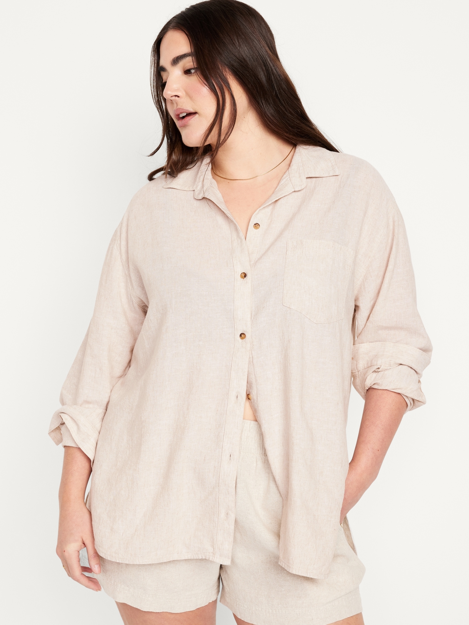 Linen-Blend Button-Down Boyfriend Shirt