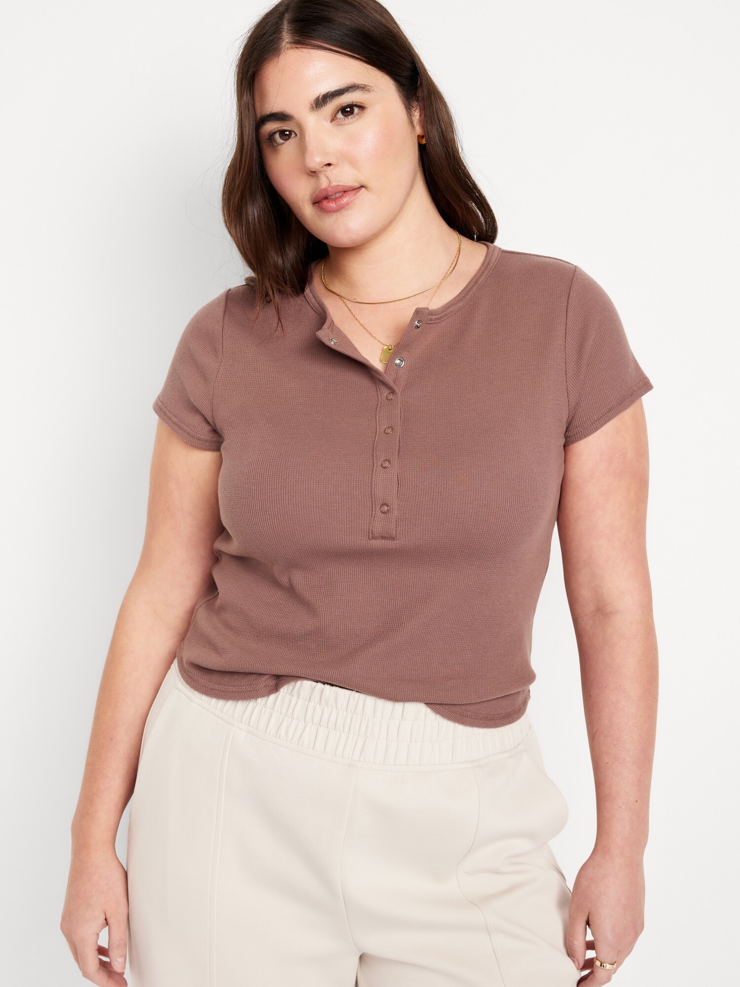 Женский топ Old Navy Short-Sleeve Waffle-Knit Henley Top, цвет: Тёплый серо-коричневый — фото 5