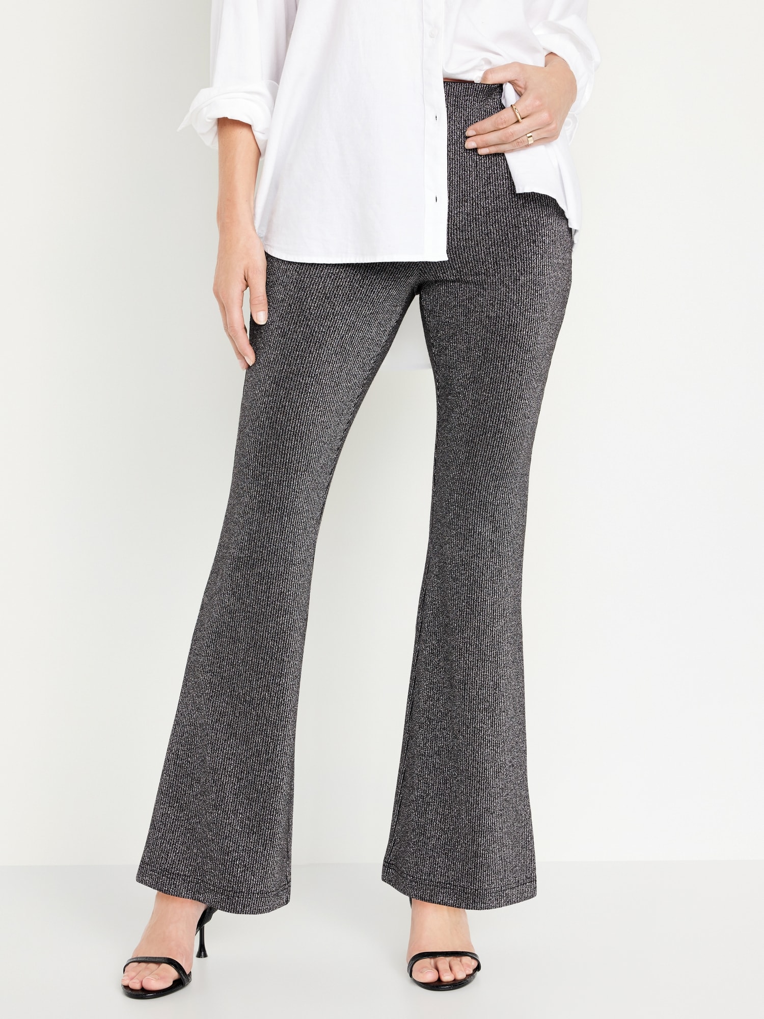 Gray Solid Color High Waist Ribbed Flare Pants 
