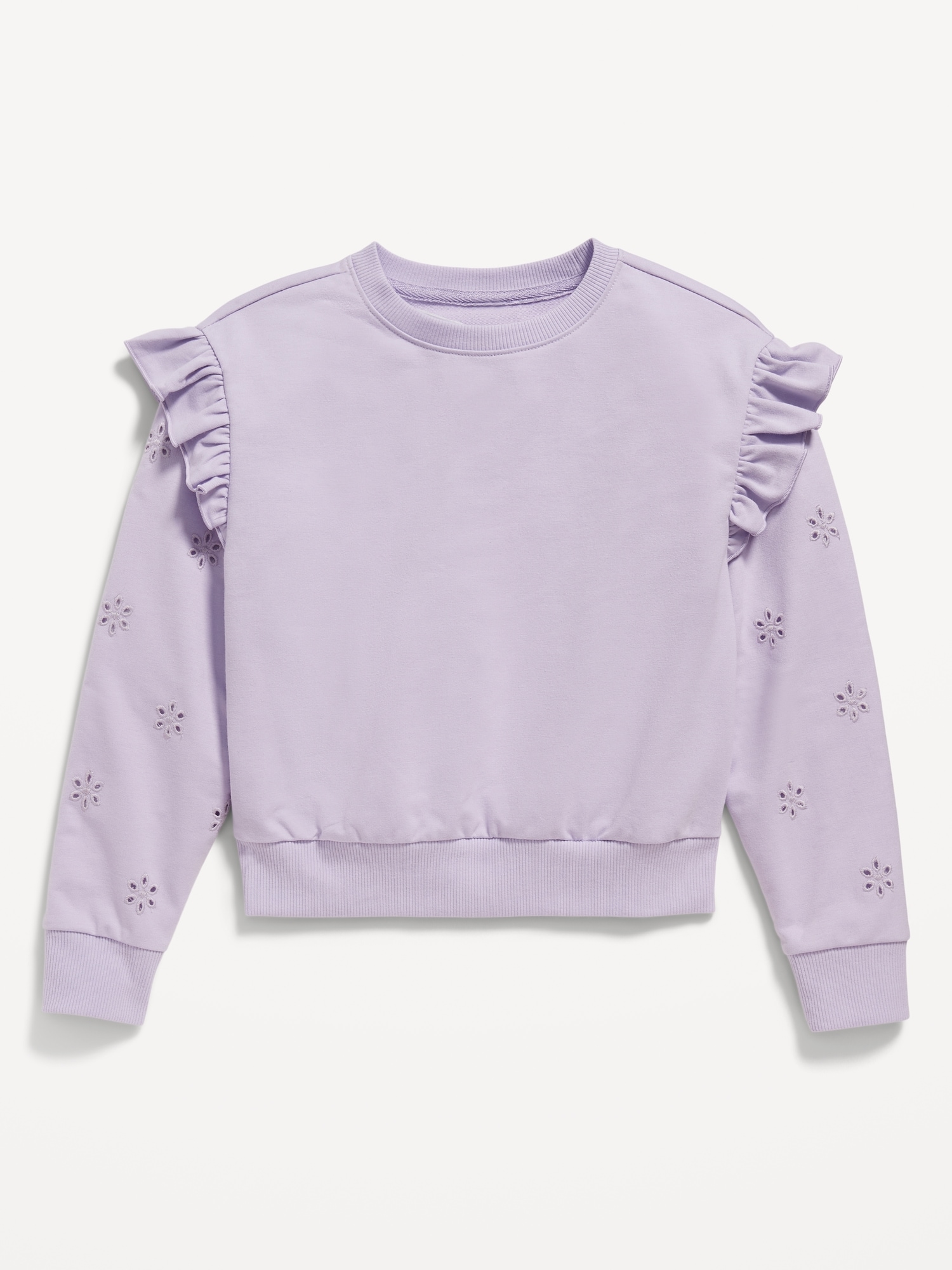 Ruffled Floral-Eyelet Crew-Neck Sweatshirt for Girls