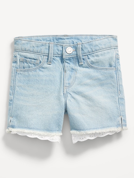 View large product image 1 of 2. High-Waisted Exposed Lace-Pocket Jean Shorts for Toddler Girls