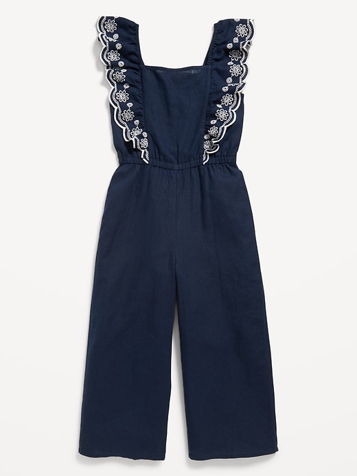 View large product image 1 of 2. Sleeveless Linen-Blend Ruffle-Trim Jumpsuit for Girls