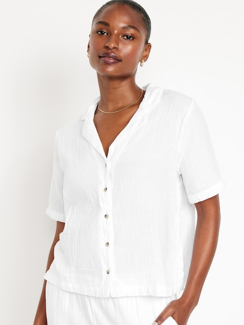 Crinkle Gauze Button-Down Shirt
