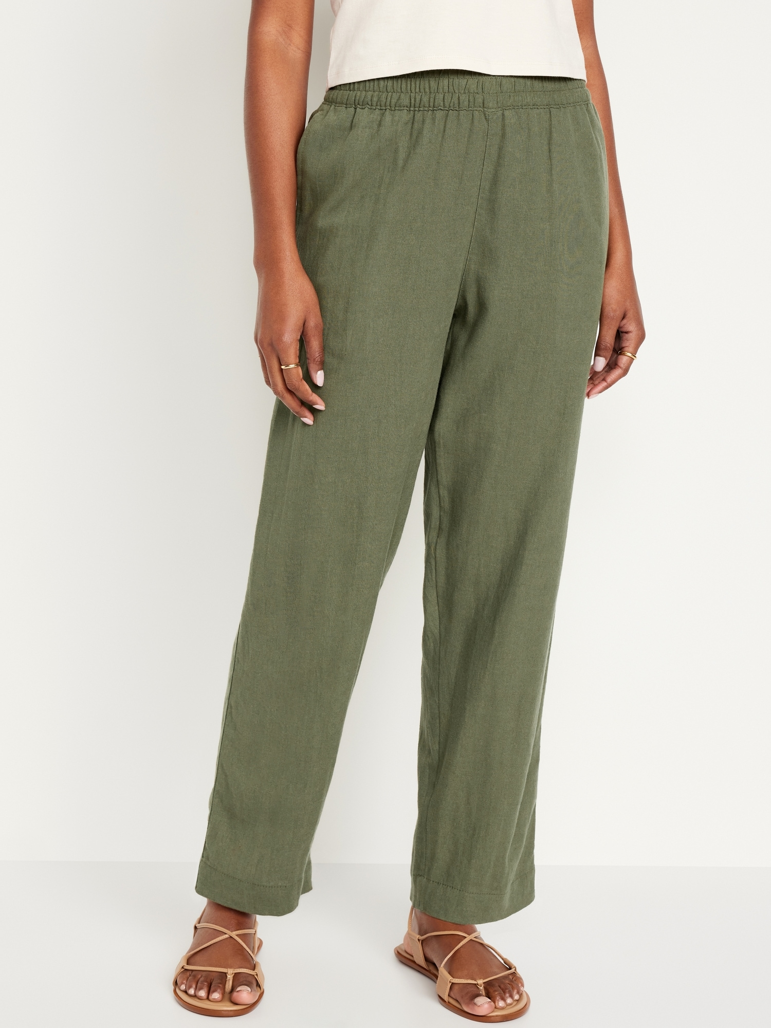 High-Waisted Linen-Blend Straight Pants Hot Deal
