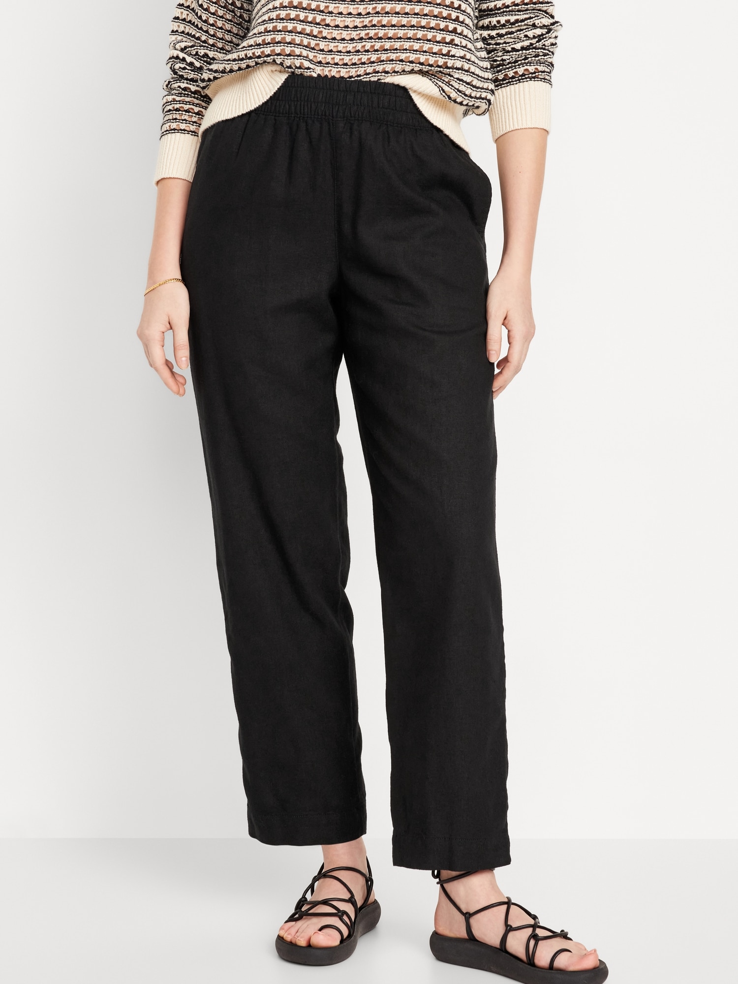 High-Waisted Linen-Blend Straight Pants | Old Navy