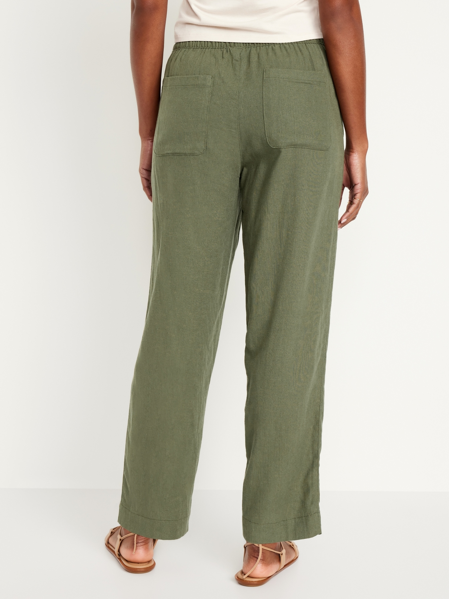 Straight-leg linen blend pants with an elastic waist
