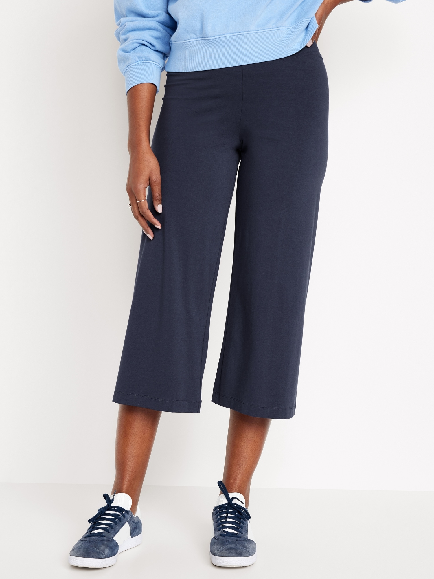 Womens High Waist 3/4 Length Linen Pants Ladies Solid Wide Leg Capri  Trousers | eBay