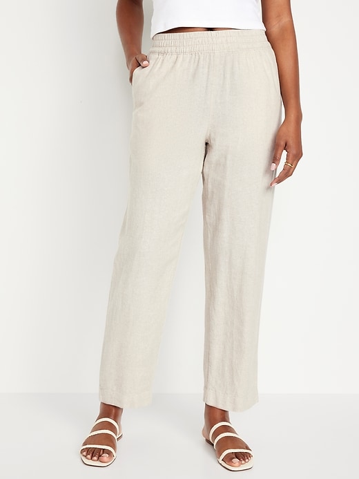 High-Waisted Linen-Blend Straight Pants | Old Navy
