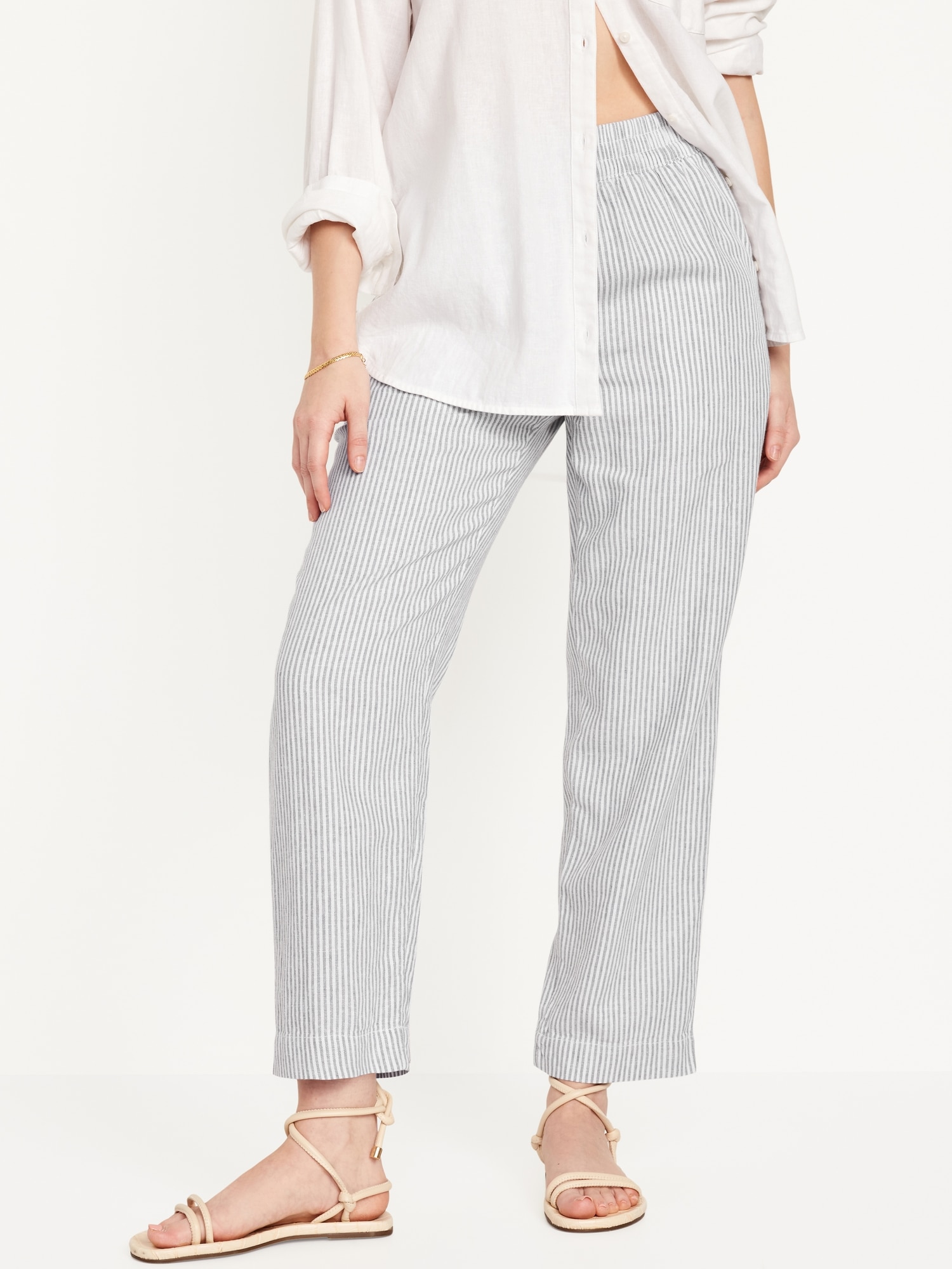 Linen-Blend Pull-On High-Rise Straight Pants