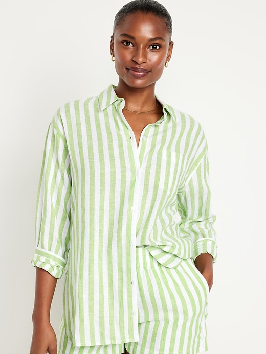 Image number 1 showing, Linen-Blend Striped Boyfriend Shirt