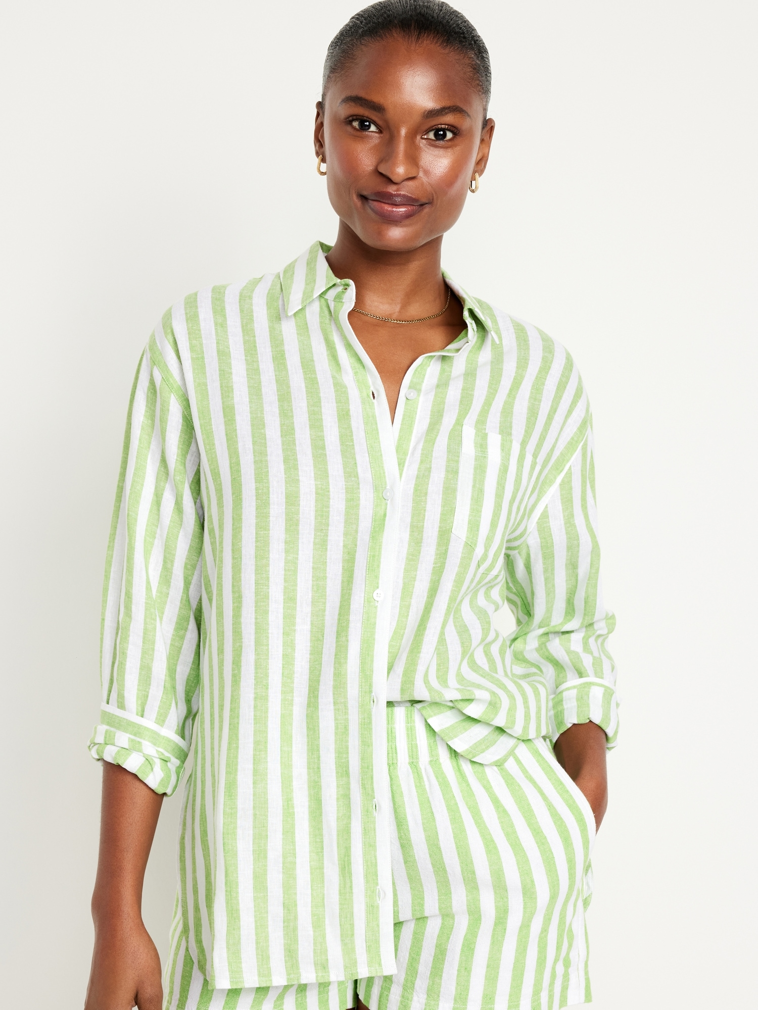 Old Navy Striped Linen-Blend Cropped Henley for Women