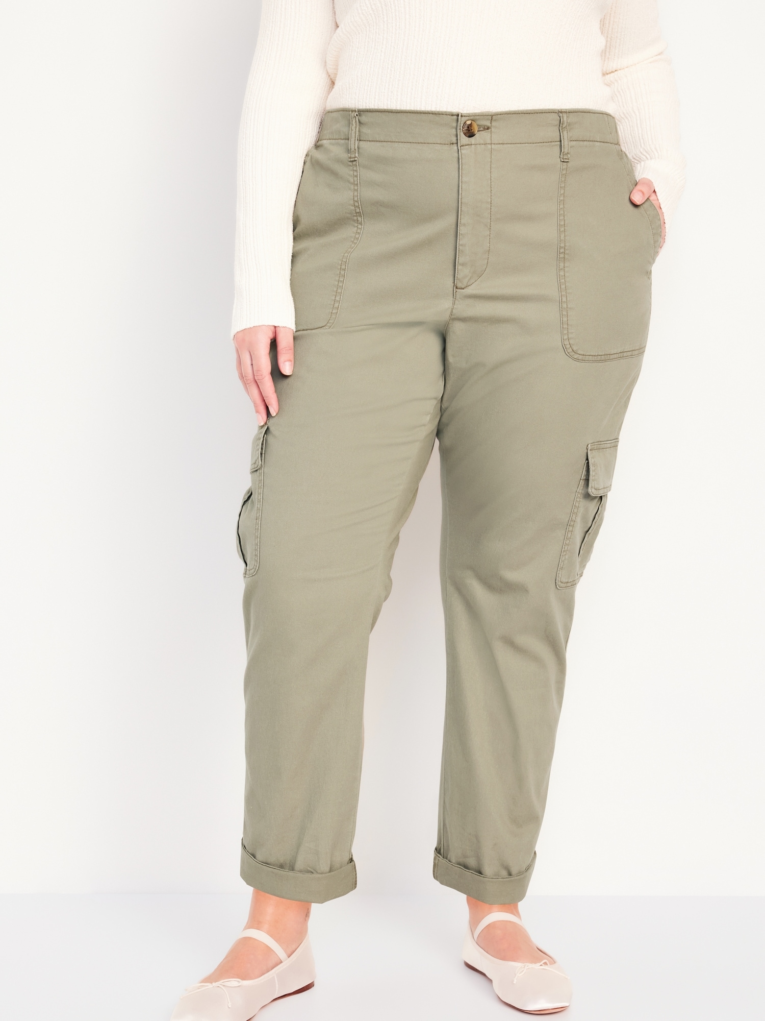 Green Cargo Pants Pocket Design High Waist Button Solid Color