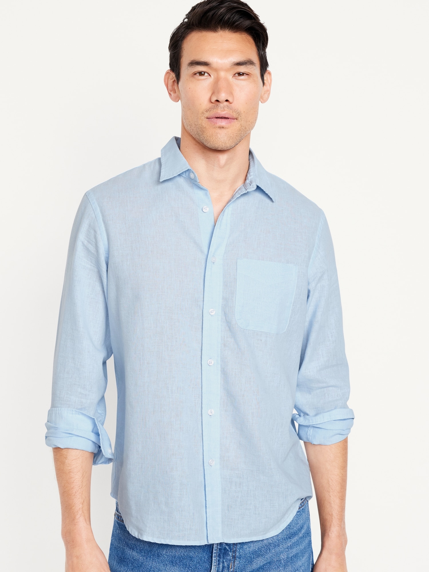 Regular Fit Linen-blend Shirt - Dark blue - Men