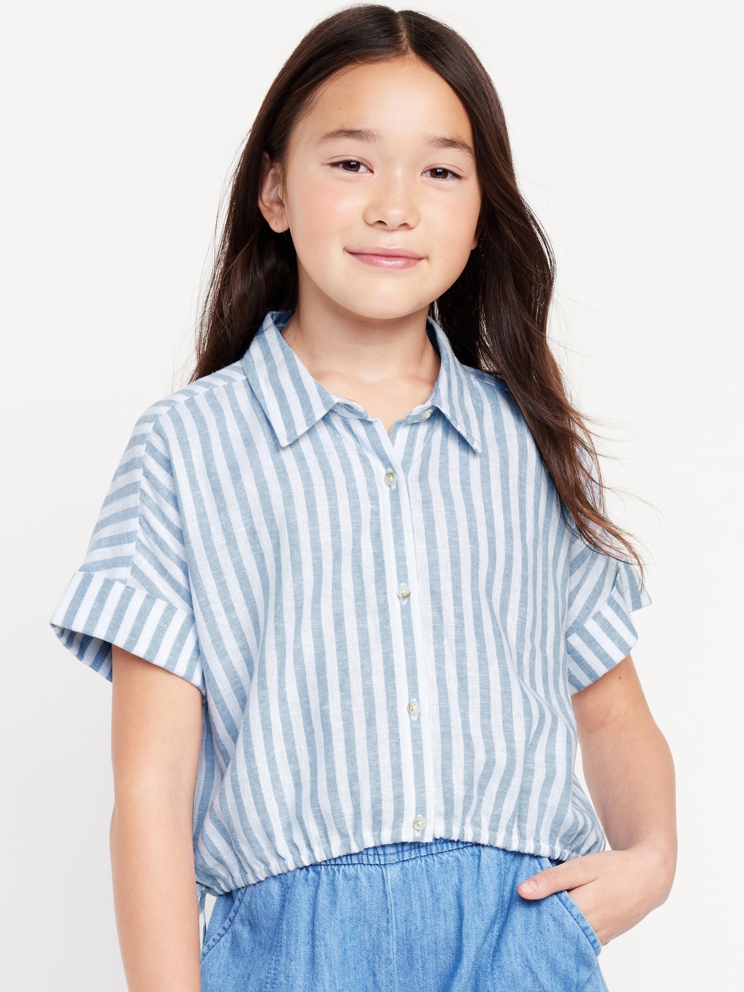 Long Linen-blend Shirt - White/blue striped - Ladies