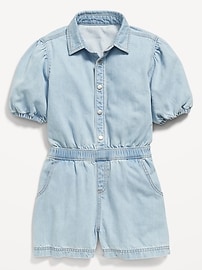 View large product image 3 of 3. Puff-Sleeve Utility Jean Romper for Girls