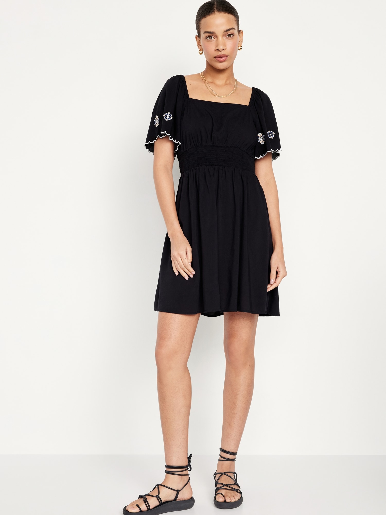 Waist-Defined Flutter-Sleeve Mini Dress