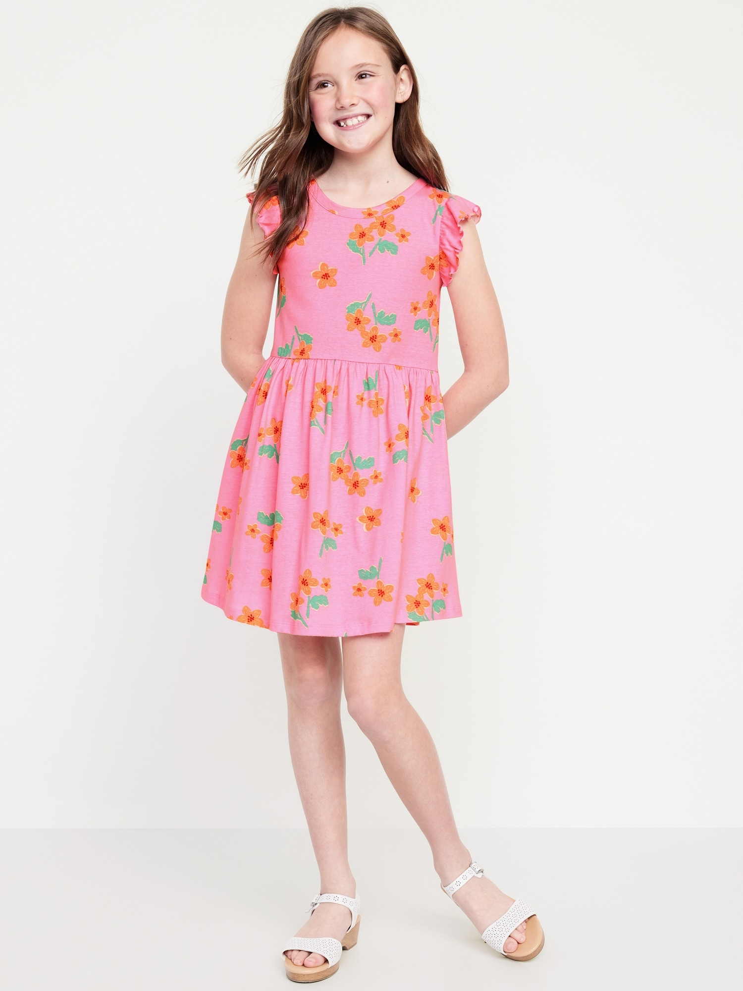 Printed Flutter-Sleeve Fit and Flare Dress for Girls Hot Deal
