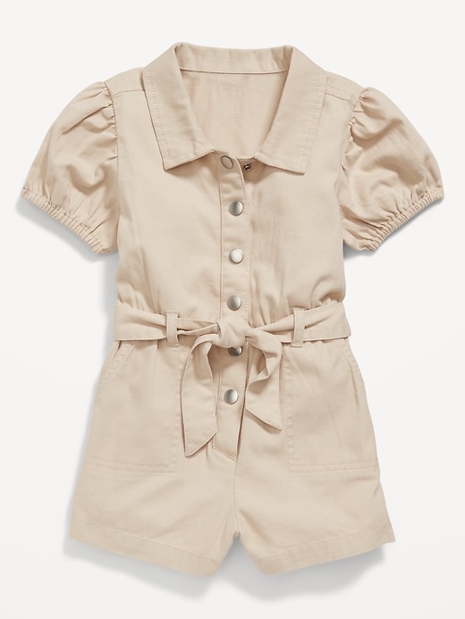 View large product image 1 of 1. Puff-Sleeve Tie-Front Utility Romper for Toddler Girls
