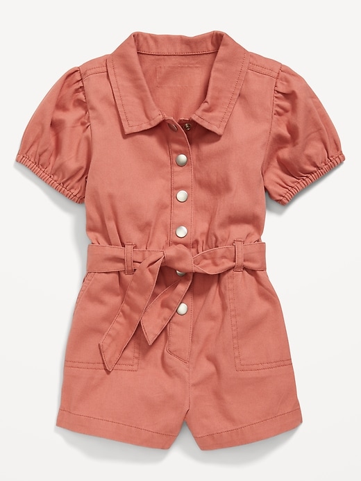 View large product image 1 of 2. Puff-Sleeve Tie-Front Utility Romper for Toddler Girls