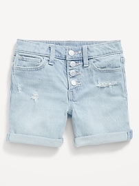 View large product image 4 of 5. High-Waisted Button-Fly Ripped Jean Midi Shorts for Girls
