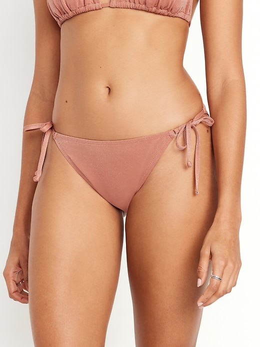 Image number 1 showing, Mid-Rise Side-Tie Shine String Bikini Swim Bottoms