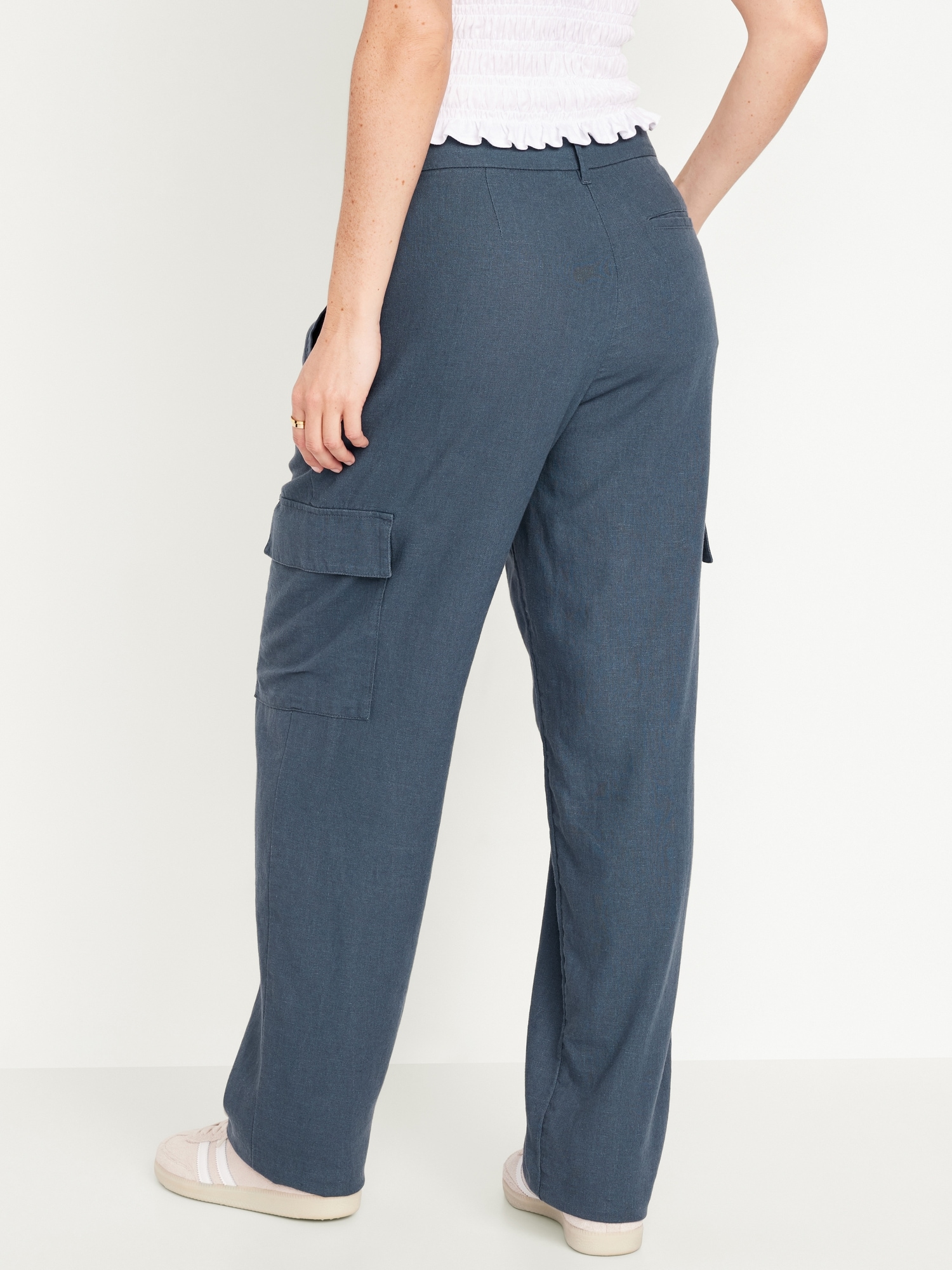 High-Waisted Linen-Blend Cargo Straight Pants for Women