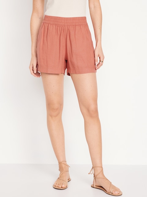 High-Waisted Linen-Blend Pull-On Shorts -- 3.5-inch inseam - Amberglow