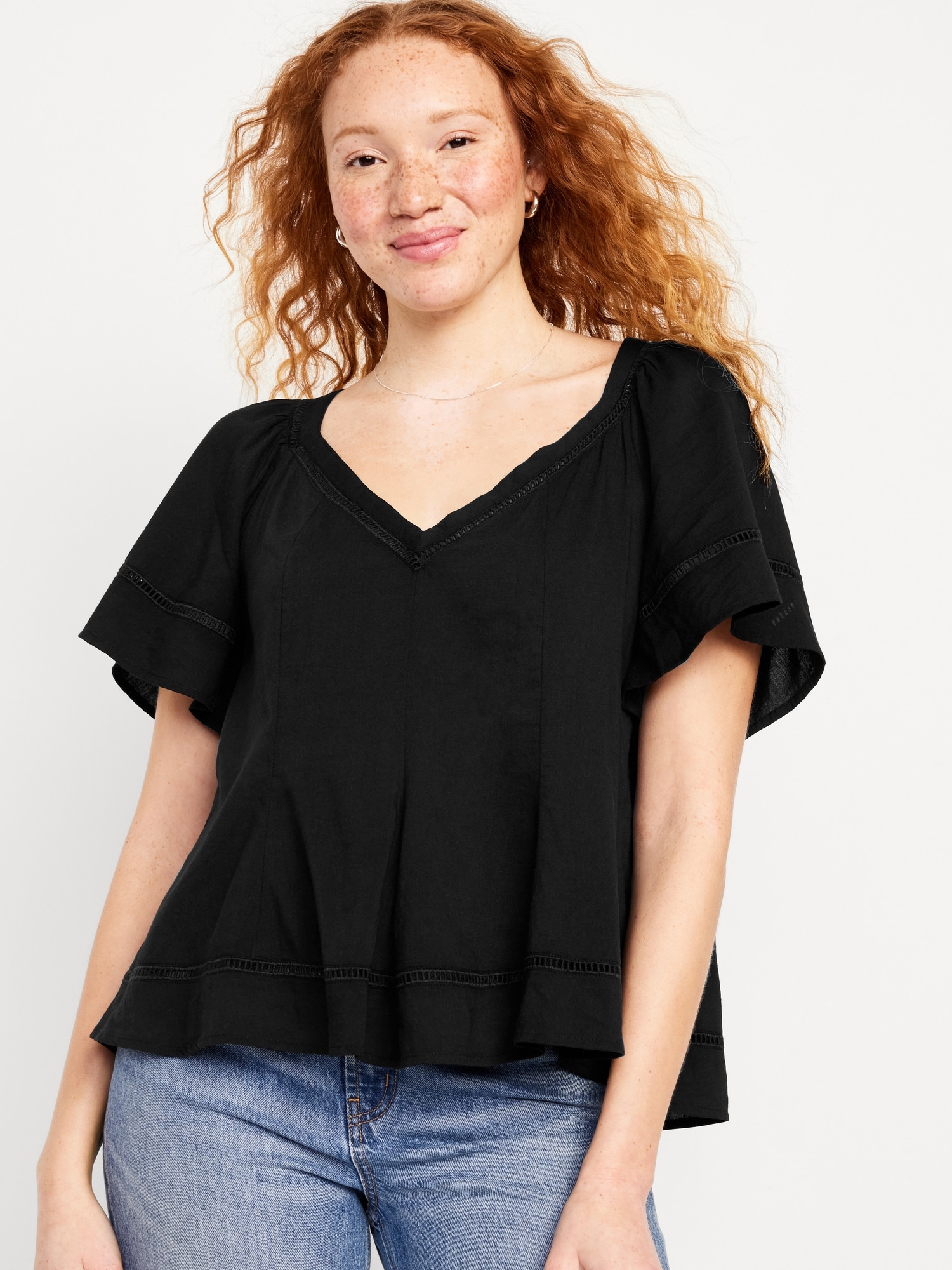 Lace-Trim Split-Neck Shirt for Women, Old Navy