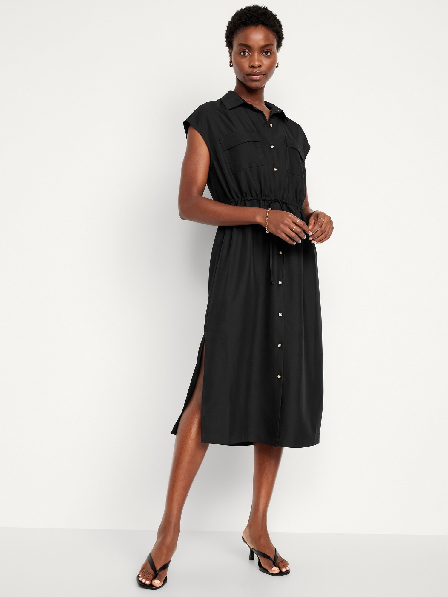Waist-Defined Utility Midi Shirt Dress Hot Deal