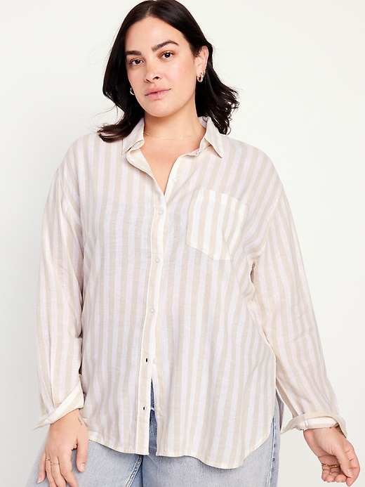 Image number 7 showing, Linen-Blend Striped Boyfriend Shirt