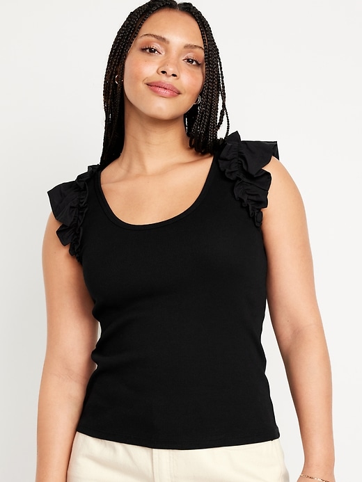 Image number 5 showing, Ruffle-Trim Mixed Fabric Top